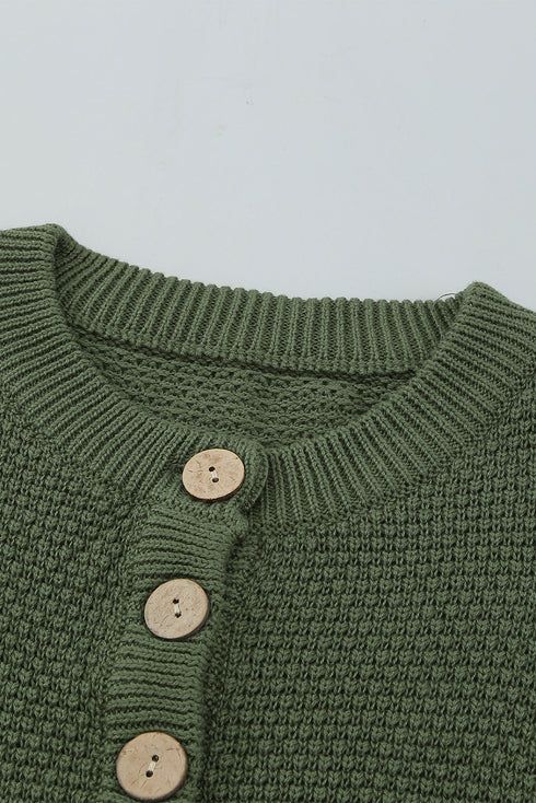Henley Button Placket Side Slit Drop Shoulder Pullover Knit Sweater